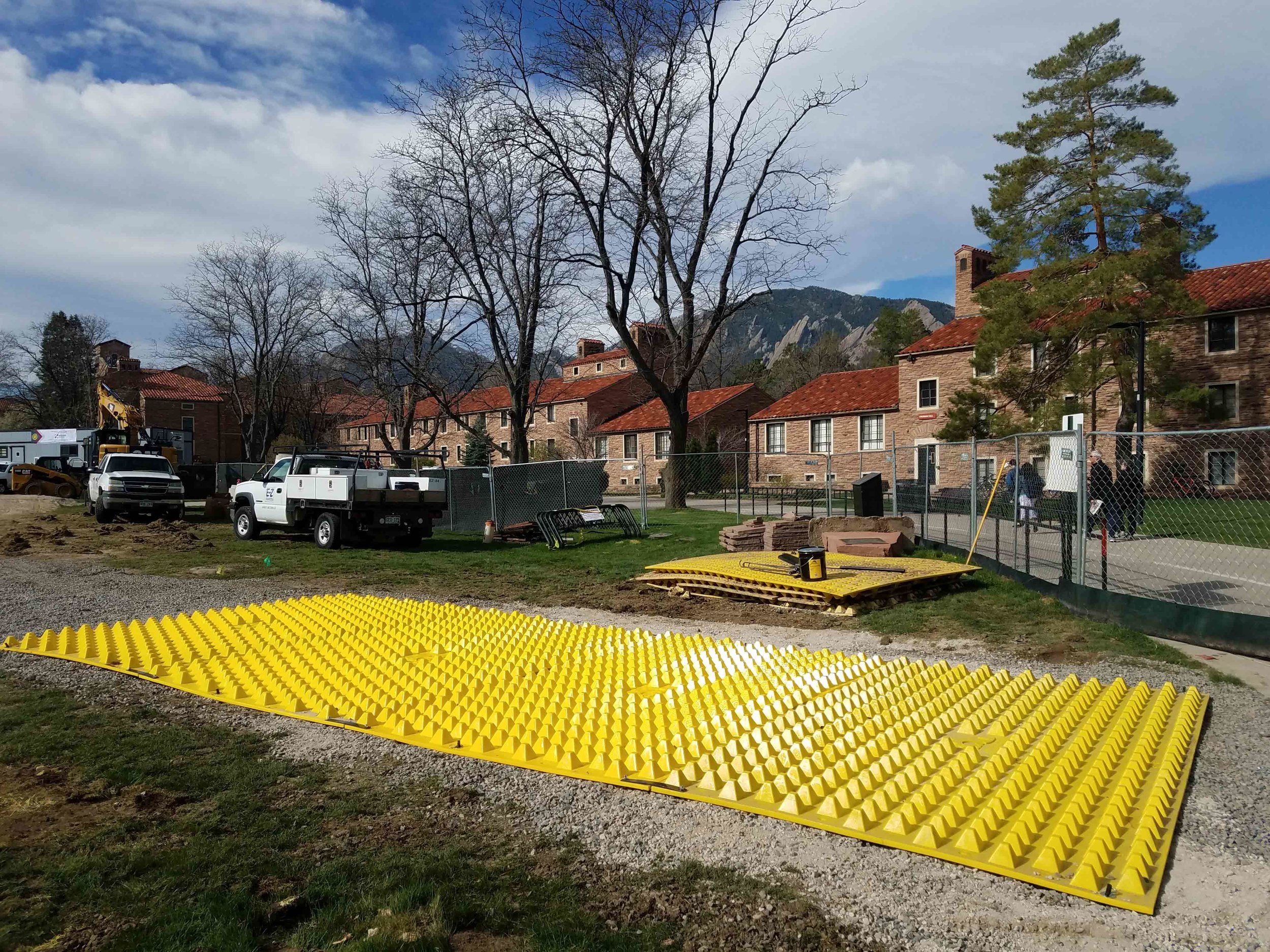FODS CU Engineering Business Expansion Projects FODS Trackout Control System Construction Entrance Construction Exit Mud Mats Yellow Plastic Construction Mats Wheel Wash Rumble Grate Geotextile Construction Entrance