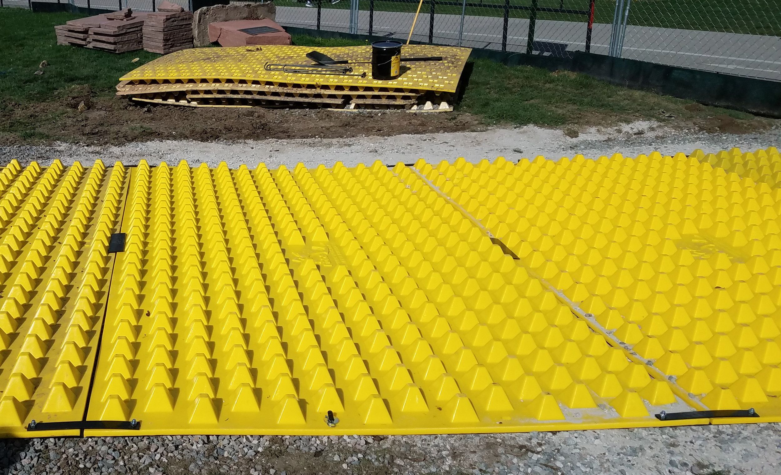 FODS CU Engineering Business Expansion Projects FODS Trackout Control System Construction Entrance Construction Exit Mud Mats Yellow Plastic Construction Mats Wheel Wash Rumble Grate Geotextile Construction Entrance