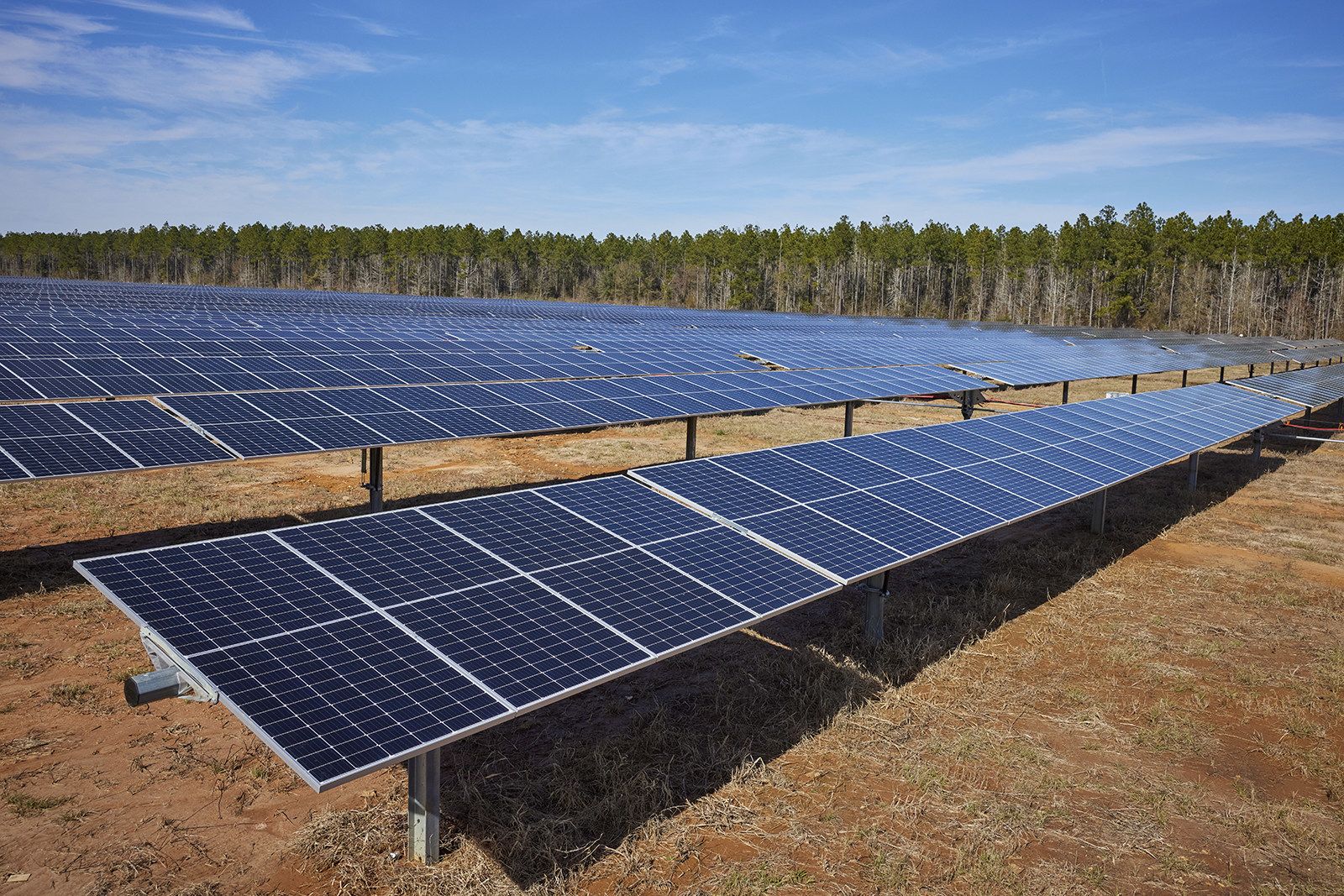 Close-up view of single-axis solar panels at the Rincon Solar Farm in Georgia, showing panels tilted toward the sun for maximum energy capture.
