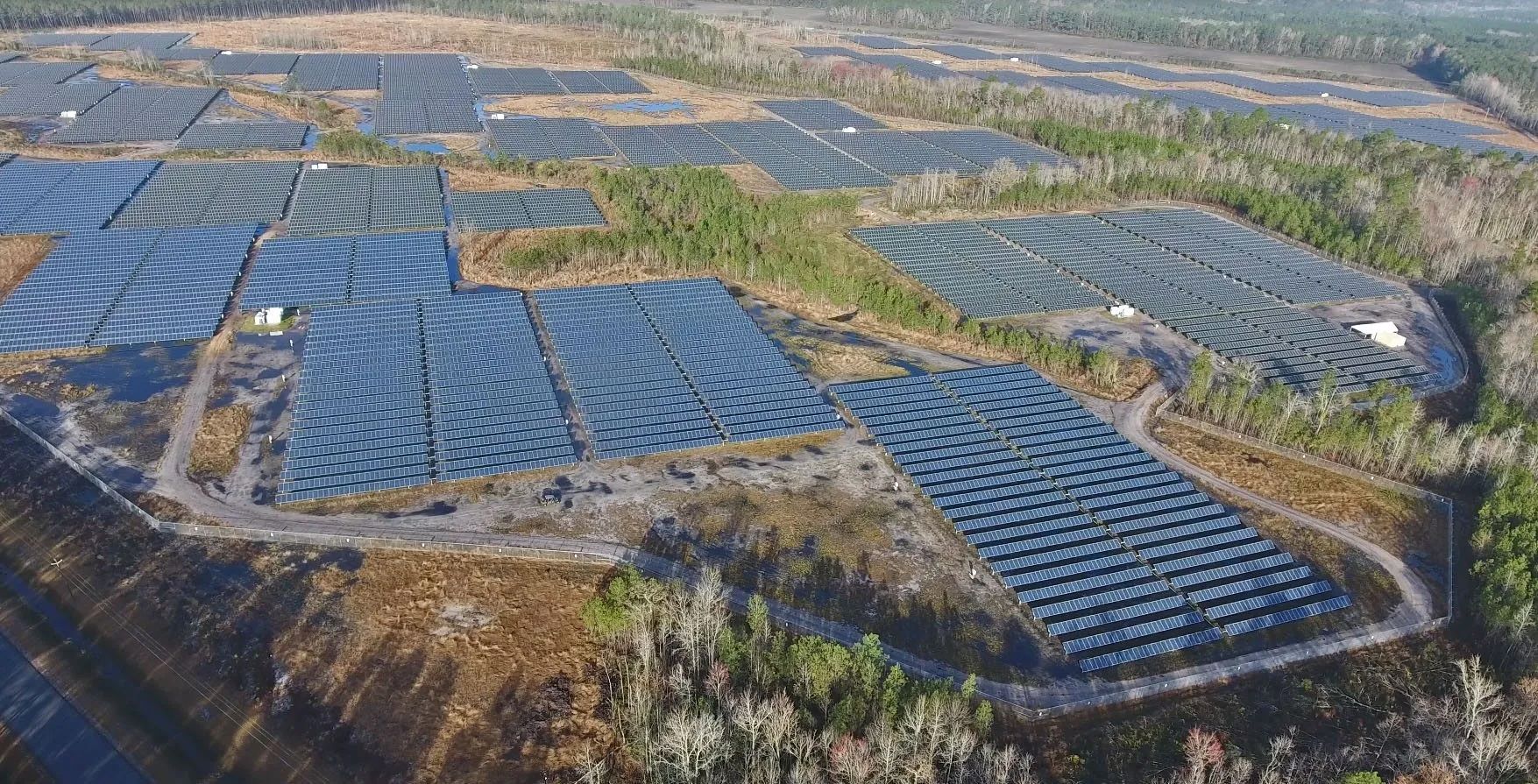 An aerial view of the solar farm near Rincon, Georgia, showing the large field of panels.