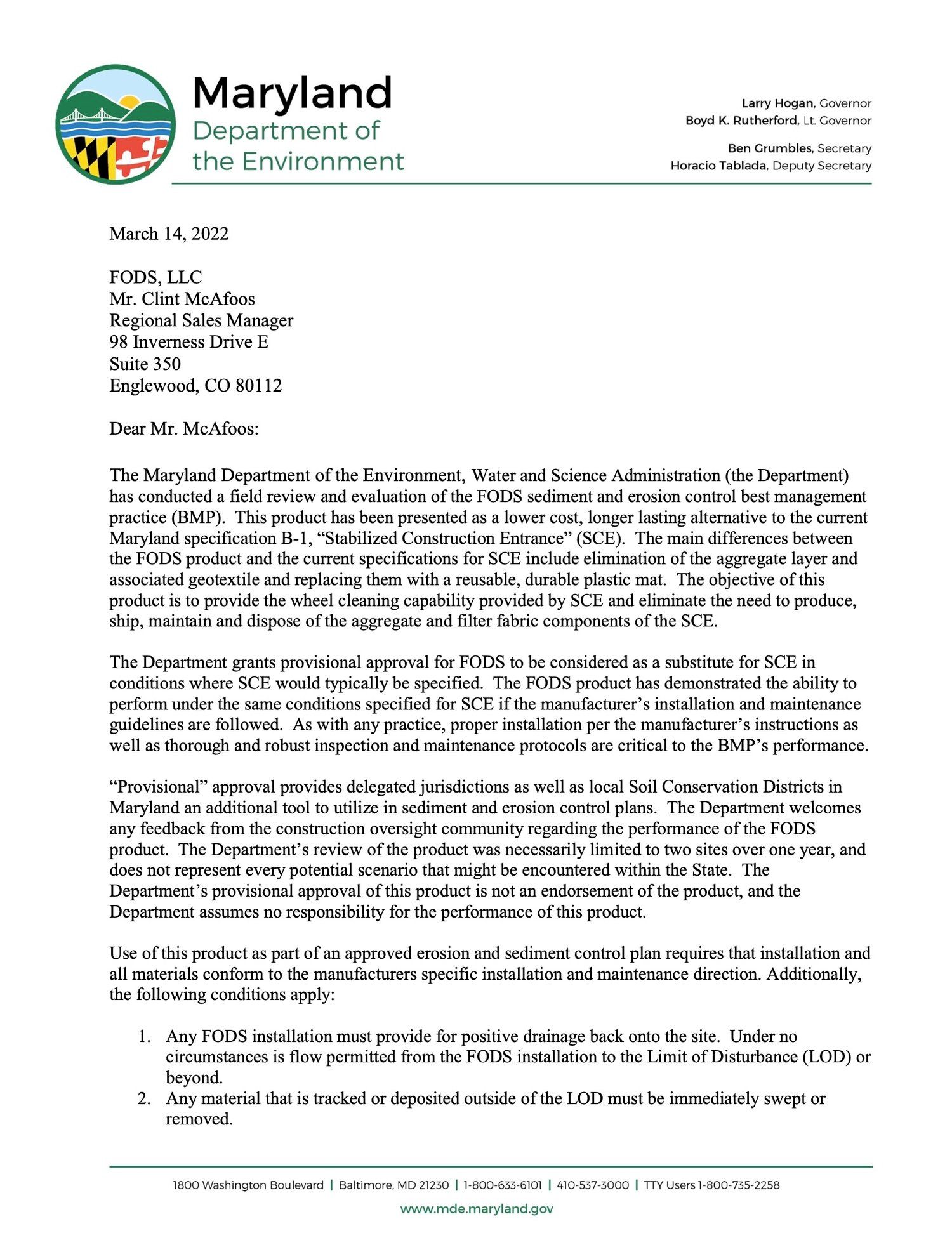 Maryland Approval Letter