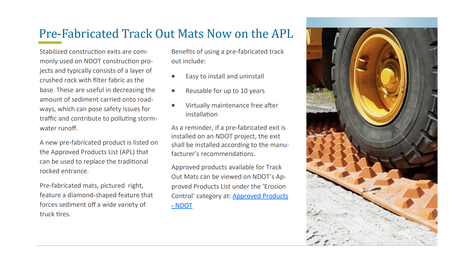 NDOT Environmental Bulletin confirming pre-fabricated trackout mats as an approved alternative to traditional rock entrances.